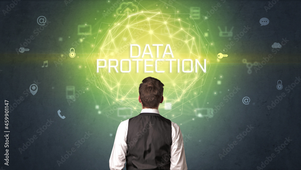 Rear view of a businessman, online security concept Rear view of a businessman, online security concept