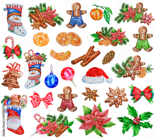 A large Christmas and New Year set of various elements. Watercolor. Illustration. Clipart. Hand drawn. 
