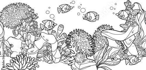 Horizontal seamless background from seabed and inhabitants  fishes, coral, anemones, seaweeds linear drawing for coloring page