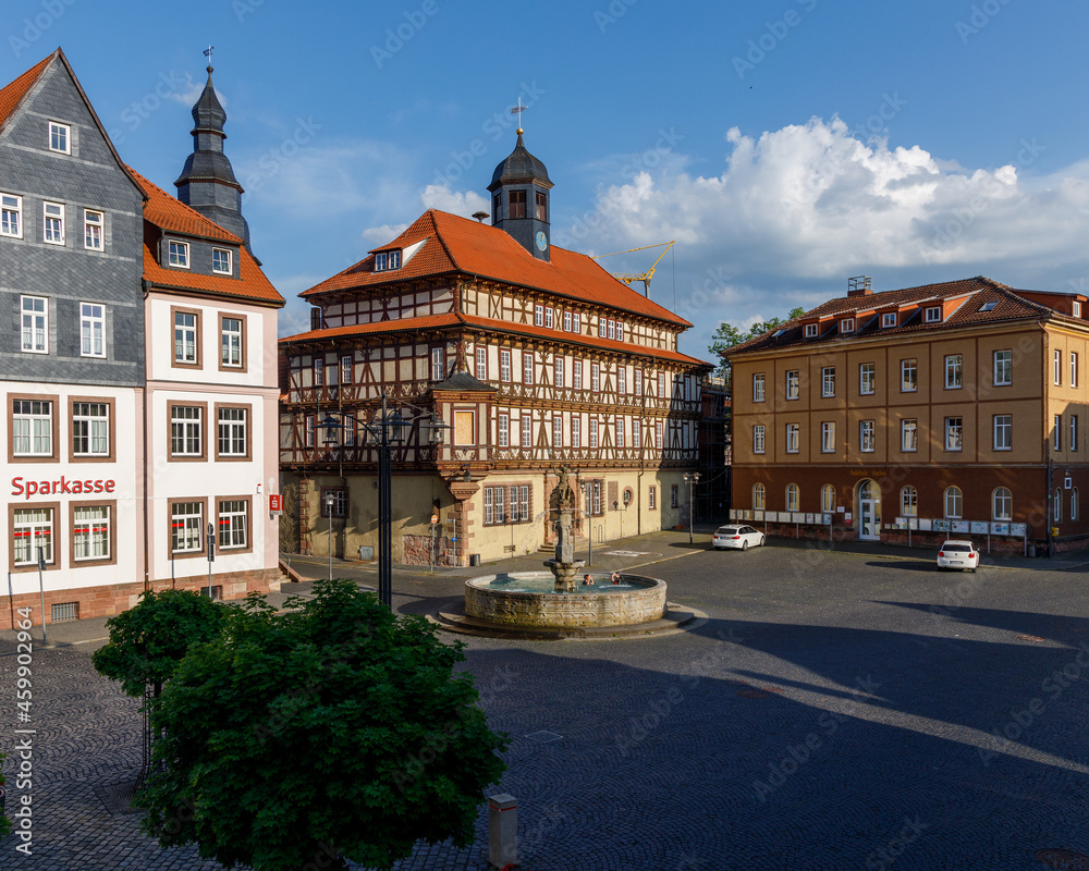 Vacha, Thuringia, Germany 06-19-2021 Marketplace with Townhall and Vitus fountain