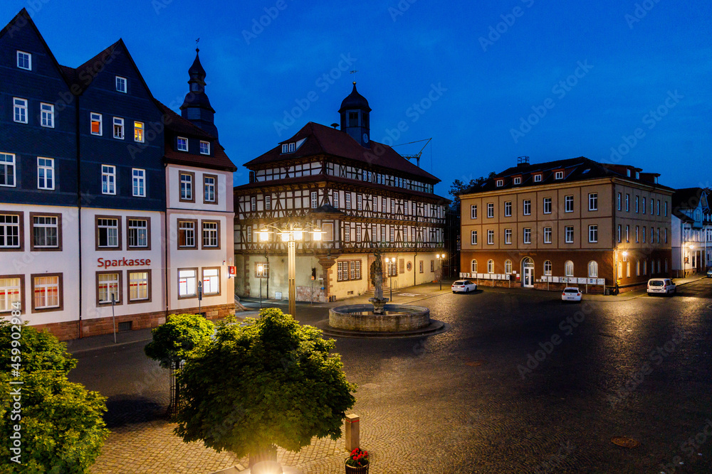Fototapeta premium Vacha, Thuringia, Germany 06-19-2021 Marketplace with Townhall and Vitus fountain