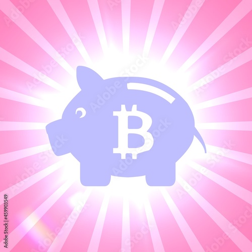 A piggy bank illustration, Bitcoin crypto currency items, money saving related concept art, Retro style sun rays and piggy bank