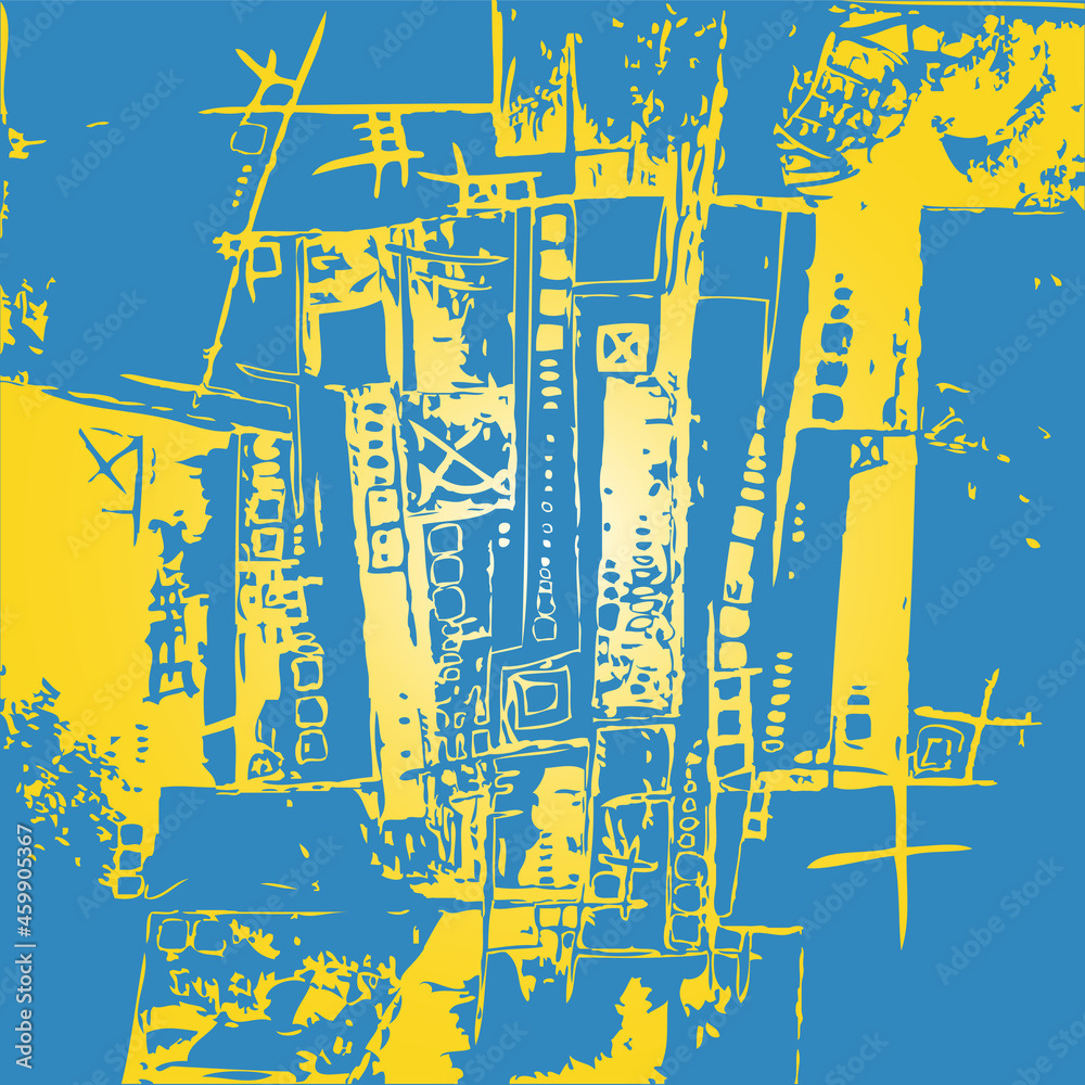 Illustration Abstraite Ville Carte Plan Architecture Moderne Lignes Vecteur en deux Couleurs Jaune et Bleu