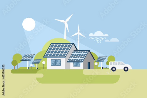 Fototapeta Naklejka Na Ścianę i Meble -  Illustration of an eco friendly modern house using renewable sources of energy