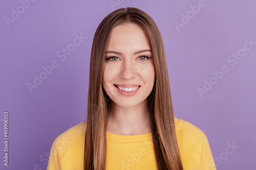 Portrait of positive lovely adorable lady look camera toothy beaming smile on purple background
