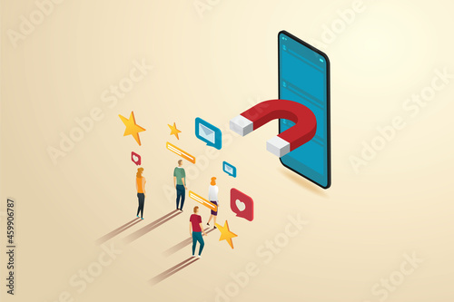Groups people attracted by magnet to smartphone.