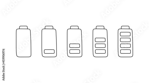 Battery charge in doodle style, vector illustration. Hand drawn sketch, energy level low and full. Isolated icon on a white background. Indicator recharge mobile phone battery