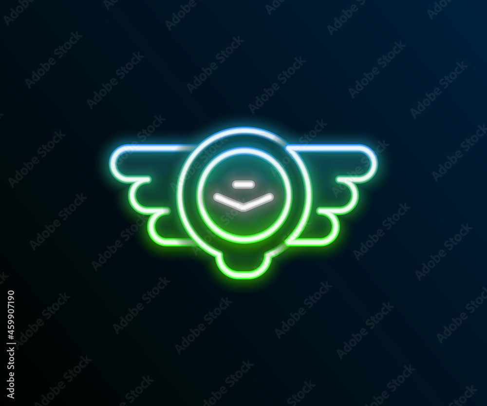 Obraz premium Glowing neon line Aviation emblem icon isolated on black background. Military and civil aviation icons. Flying emblem, eagle bird wing and winged frame. Colorful outline concept. Vector