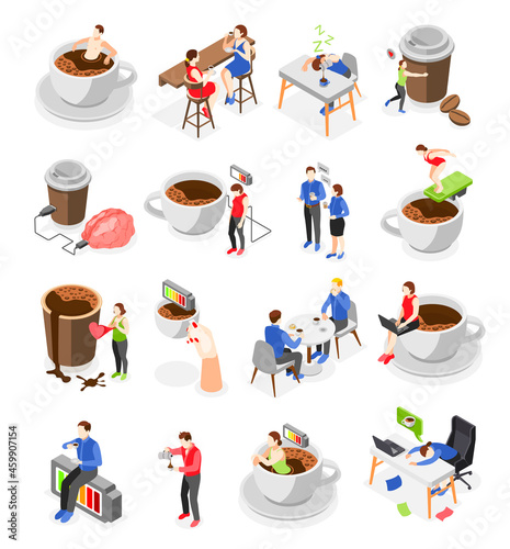 People Taking Coffee Break Isometric Icons