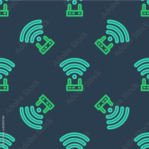 Line Router and wi-fi signal icon isolated seamless pattern on blue background. Wireless ethernet modem router. Computer technology internet. Vector