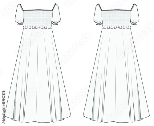 Puff Sleeve Smocked Dress Front and Back View. fashion illustration vector, CAD, technical drawing, flat drawing.