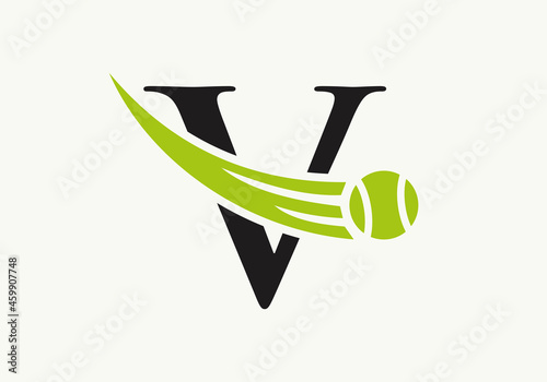 Tennis Logo Design Template On Letter V. Tennis Sport Academy, Club Logo With V Letter