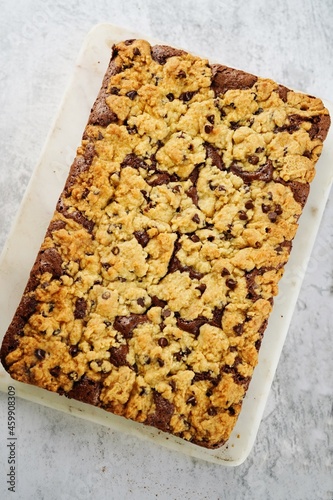 Homemade brookies or chocolate chip brownie bars, selective focus photo