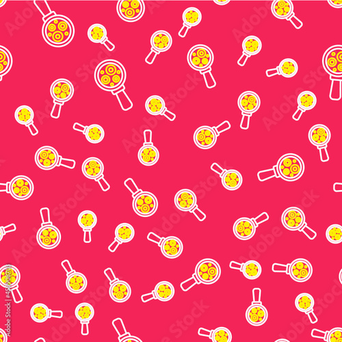 Line Microorganisms under magnifier icon isolated seamless pattern on red background. Bacteria and germs  cell cancer  microbe  virus  fungi. Vector