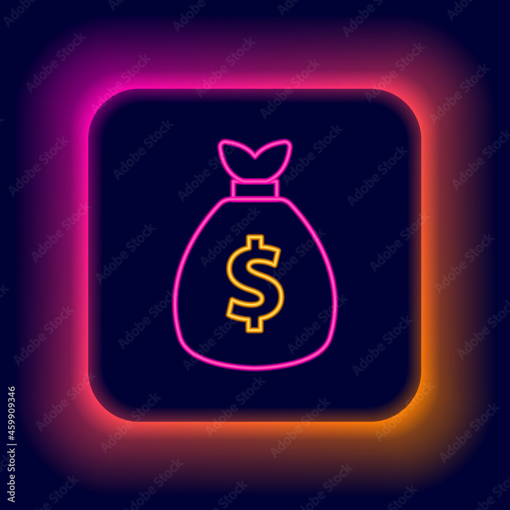 Glowing neon line Money bag icon isolated on black background. Dollar or USD symbol. Cash Banking currency sign. Colorful outline concept. Vector Glowing neon line Money bag icon isolated on black background. Dollar or USD symbol. Cash Banking currency sign. Colorful outline concept. Vector