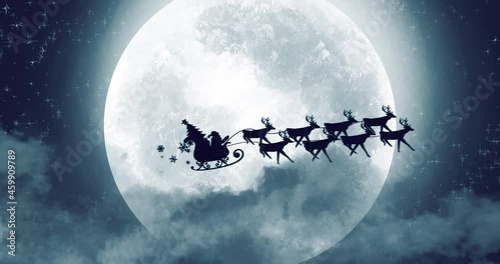 Santa clause sleigh and reindeer flying over the moon