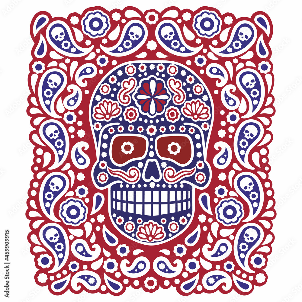 Mexican sugar skull and paisley, vintage design t shirts
