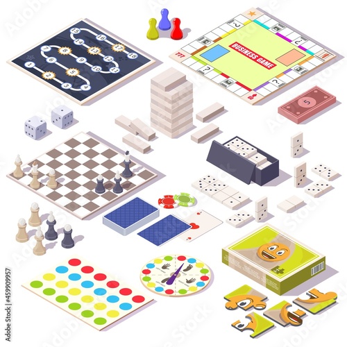 Board game set. Monopoly, jenga, chess, dominoes, jigsaw puzzle, playing cards, spinner, vector isometric illustration.