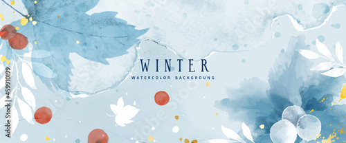Watercolor abstract winter background with flower and seasonal leaves