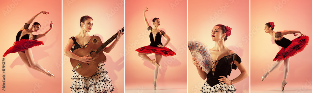 Naklejka premium Collage of portraits of one female ballet dancer, ballerina wearing spanish costume dancing isolated on multicolored background in neon light.