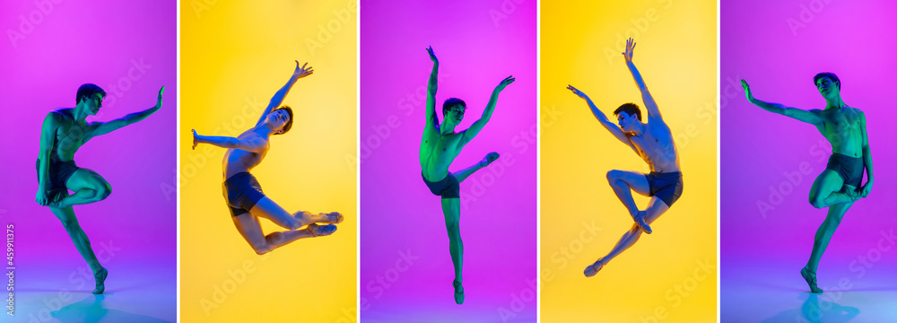 Dance of feelings. Amazing performance of flexible male ballet dancers practicing isolated on yellow and purple background.