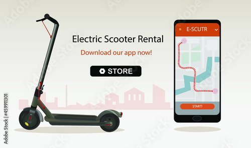 Electric scooter rental mobile app concept. Internet advertisement mock-up. Ads template. E-scooter sharing service. Realistic vector illustration
