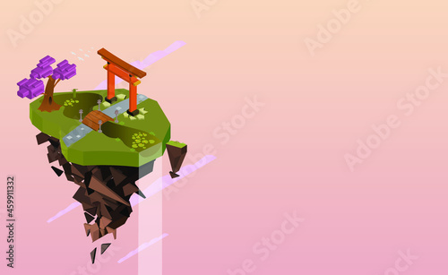 Vector illustration with floating fantasy island with low polygonal isometric japanese zen garden. Copy space.
