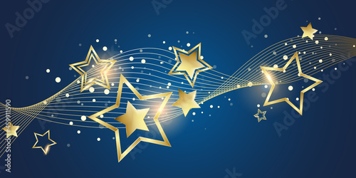 Gold christmas stars on a blue background - Merry Christmas and Happy New Year banner - Glitter design