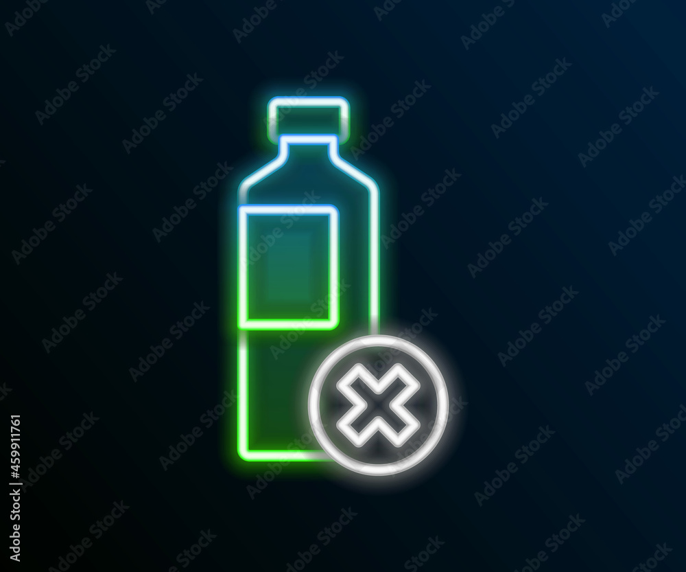 Glowing neon line No water bottle icon isolated on black background. No plastic bottle. Water bottle ban sign. Colorful outline concept. Vector Glowing neon line No water bottle icon isolated on black background. No plastic bottle. Water bottle ban sign. Colorful outline concept. Vector