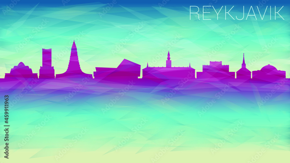 Reykjavik Iceland Silhouette City Skyline. Broken Glass Abstract Geometric Dynamic Textured. Banner Background. Colorful Shape Composition.