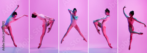 Collage. Development of movements of one beautiful ballerina dancing isolated on pink background in neon light. Concept of art  theater  beauty and creativity