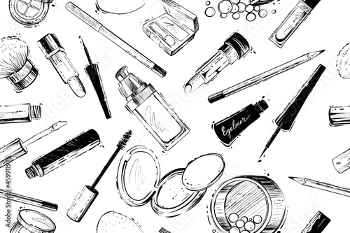 Seamless pattern of makeup products, monochrome vector
