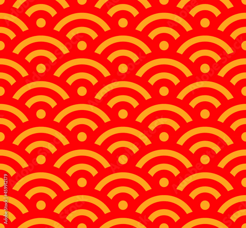 Japanese ornament in the form of red-yellow dragon scales. Tile Pattern
