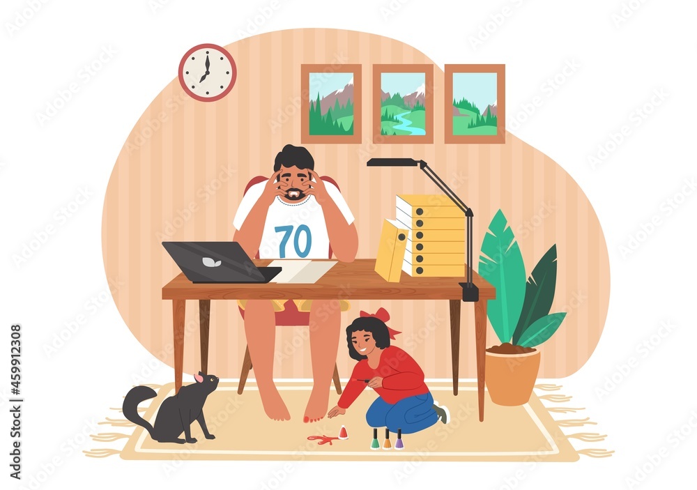 Stressed dad working on computer while naughty kid preventing him doing his work, vector illustration. Parental stress.