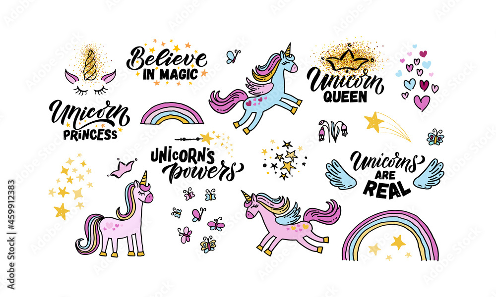 Hand sketched unicorns set vector illustration with lettering typography quotes. Motivational quotes concept for children t-shirt print. Unicorn logotype, badge, icon. Unicorn logo, banner, flyer. eps