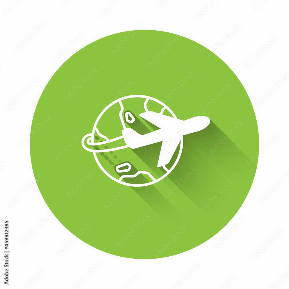 White Globe with flying plane icon isolated with long shadow background. Airplane fly around the planet earth. Aircraft world icon. Green circle button. Vector White Globe with flying plane icon isolated with long shadow background. Airplane fly around the planet earth. Aircraft world icon. Green circle button. Vector