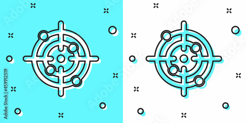 Black line Target sport icon isolated on green and white background. Clean target with numbers for shooting range or shooting. Random dynamic shapes. Vector