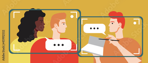 Family psychotherapy online, couple at a psychologist, Flat vector stock illustration with Internet psychotherapy. Psychological problems of a multicultural couple