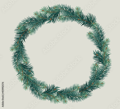 Vector Christmas round frame with pine tree branches. Christmas decoration concept