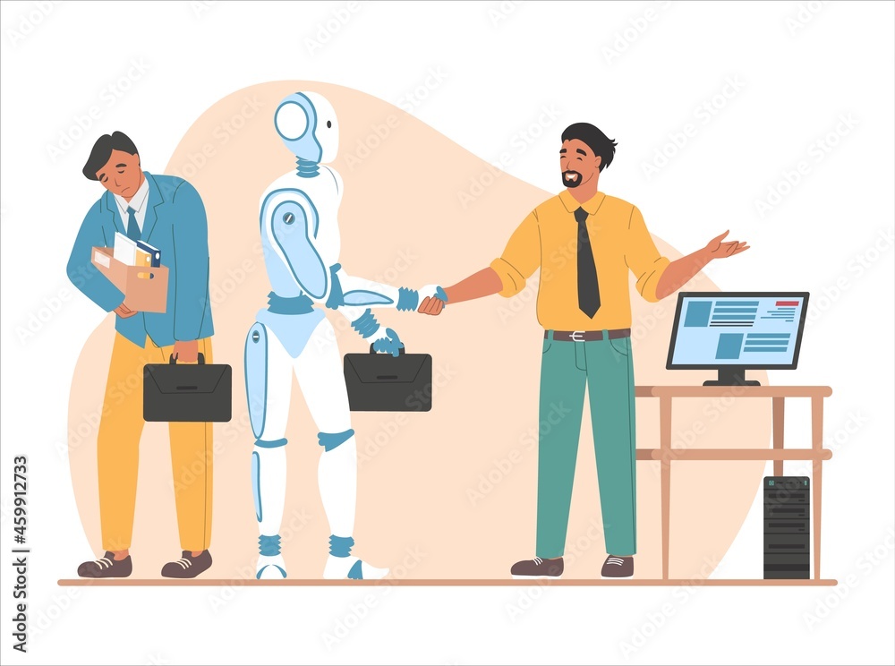 Dismissal employee, boss shaking robot hand, flat vector illustration. Artificial intelligence superiority. Automation. Dismissal employee, boss shaking robot hand, flat vector illustration. Artificial intelligence superiority. Automation.