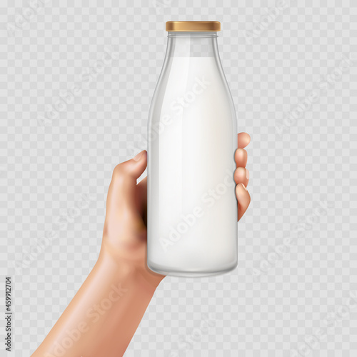Obraz na plátně Vector mockup. Hand with milk bottle.