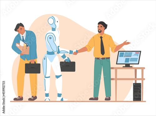 Dismissal employee, boss shaking robot hand, flat vector illustration. Artificial intelligence superiority. Automation. © Siberian Art