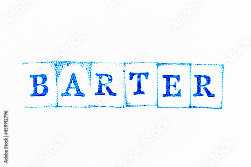 Blue color ink rubber stamp in word barter on white paper background