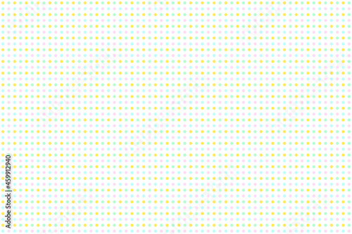 パステルカラーの水玉模様の背景イラスト。黄色、水色、黄緑色、ピンク色のドット柄。