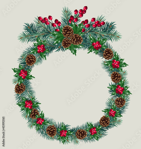 Vector Christmas round frame with pine tree branches, cones and red berries. Christmas decoration concept