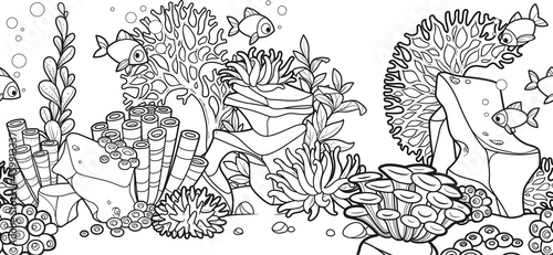 Horizontal seamless background from seabed and inhabitants  fishes, coral, anemones, seaweeds and stones linear drawing for coloring page