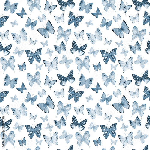 Seamless botanical summer pattern with indigo blue watercolor butterflies