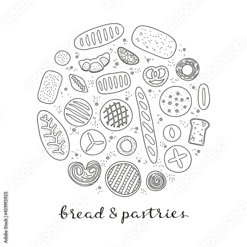 Hand drawn bread and pastries in circle.