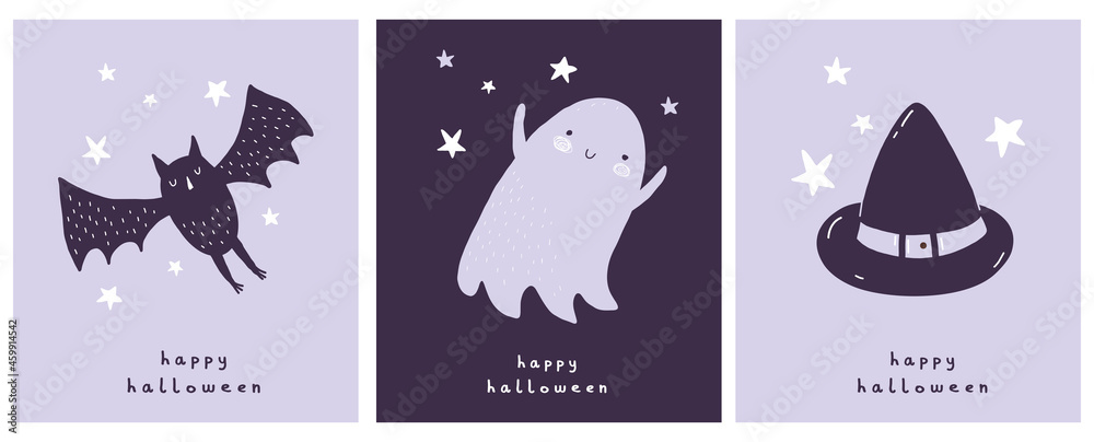 Cute Hand Drawn Halloween Vector Illustration with Funny Ghost, Bat,Stars and Witch Hat Isolated on a Violet Background.Simple Infantile Style Print with Kawaii Ghost and Handwritten Happy Halloween. 