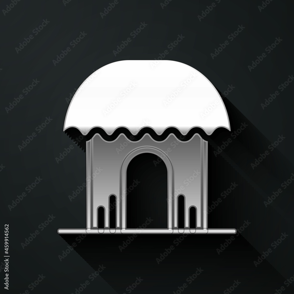 Fototapeta premium Silver African hut icon isolated on black background. African house symbol. Long shadow style. Vector